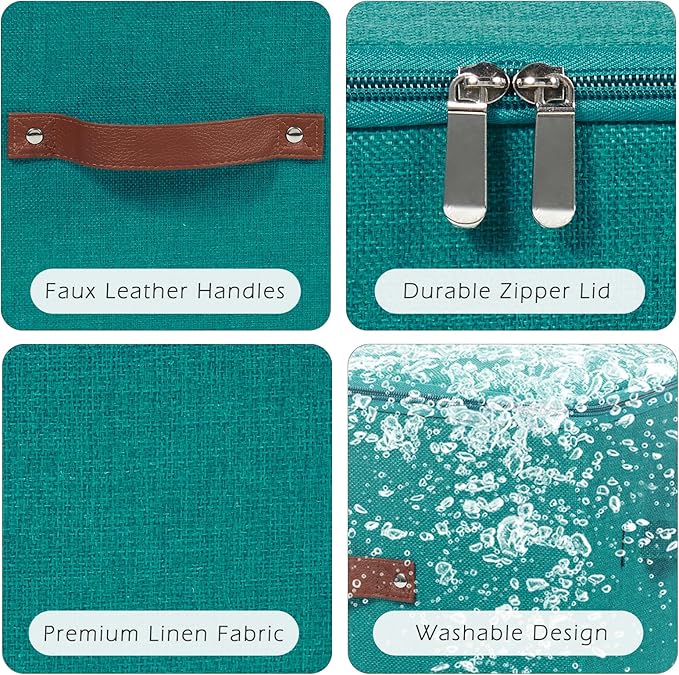 Storage Bins with Zipper Lids Decorative Lidded Baskets Boxes | Clothes Container, Closet Shelf Organizer, Foldable Washable, Cotton Linen Fabric, w/ PU Leather Handles, Teal Blue, Small