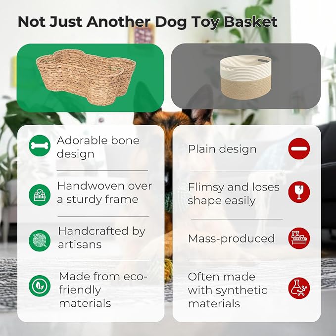 OtterPets Dog Toy Basket, Hyacinth Bone Shaped Dog Toy Bin, 23" x15” | Handmade dog toy box, dog toy storage, dog basket, basket for dog toys, dog storage, Large 23 x 15 in