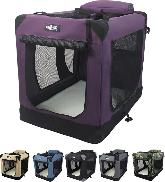 EliteField 3-Door Soft Dog Crate with Bed & Carrying Bag (2-Year Warranty) | 3 Mesh Doors, Steel Frame, Removable & Washable Crate Cover and Bed Cover, Storage Pockets, Indoor/Outdoor, Foldable