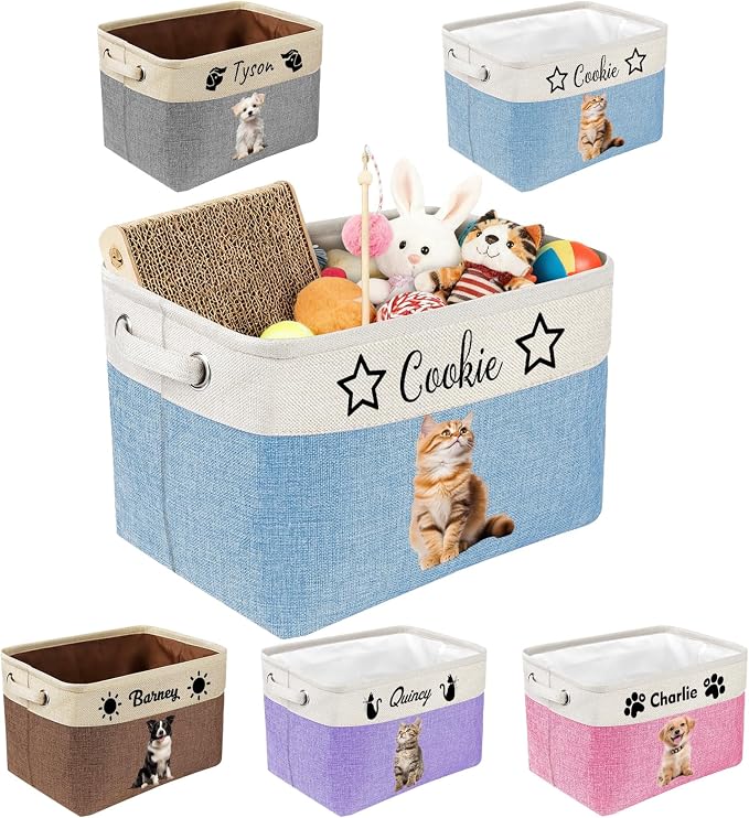 Personalized Dog Toy Storage Basket with Photo Name | Custom Dog Food Organizer Fabric Bins for Clothes Blankets Dolls-Blue