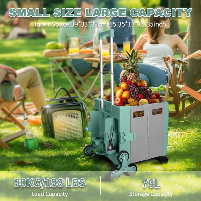 76L Folding Utility Cart Portable Rolling Crate Handcart Shopping Collapsible Tool Box with Stair Climbing Wheels,Hidden Lid,2 Rotate Wheels,for Grocery,Shopping,Office,Storage(White)