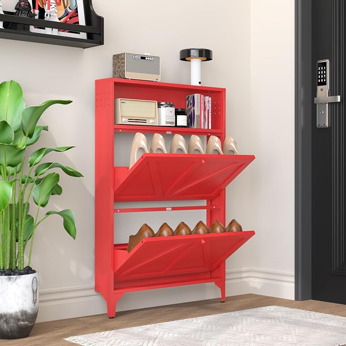 Shoe Cabinet with 2 Flip Drawers, Narrow Shoe Storage Cabinet, Farmhouse Shoe Organizer, Freestanding Organizer with Metal Legs for Entryway, Foyer (Red, 2 Door)