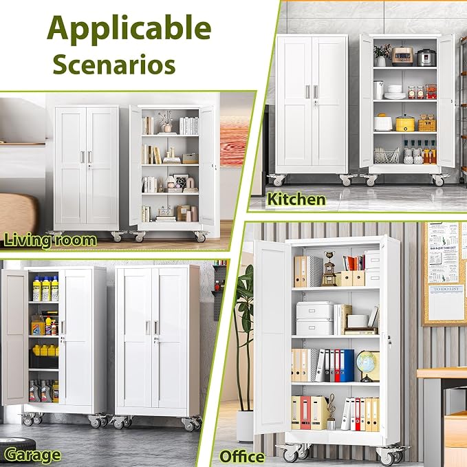 61-Inch Metal Garage Storage Cabinet with Wheels, Locking Doors and Shelves | 3 Adjustable Shelves, Locking Doors, Magnetic Closure, 360° Casters, Anti-Tip Kit, Cold-Rolled Steel