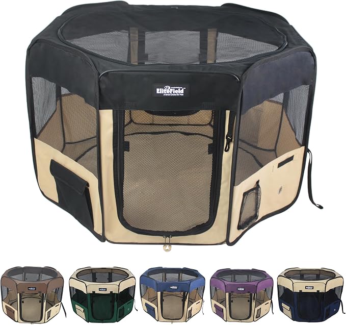 EliteField 2-Door Soft Pet Playpen for Dogs and Cats (2-Year Warranty) | 600D Fabric, Washable Floor Mat & Top Cover, Indoor/Outdoor, Carrying Bag, Ground Stakes, Zipper Locks