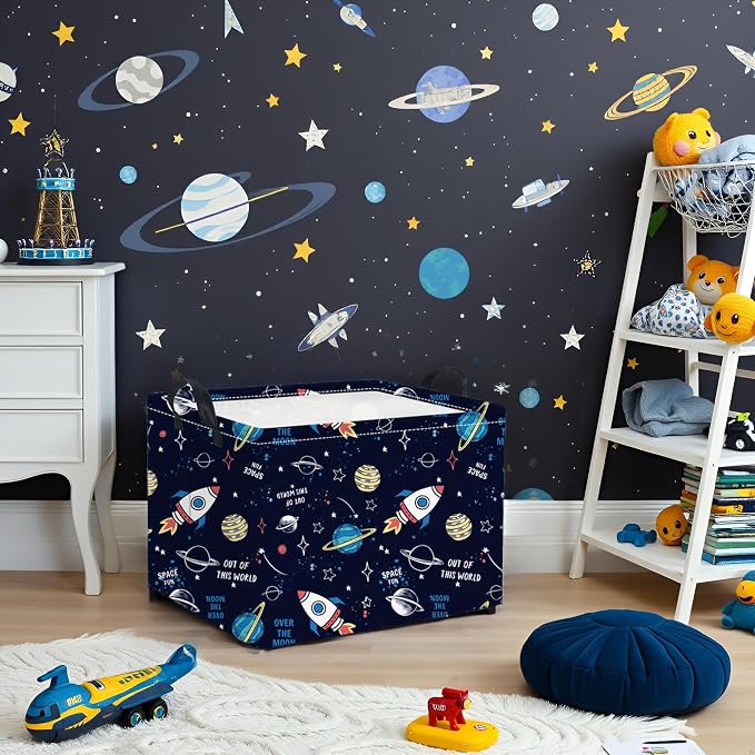 Rectangular Space Basket for Boys Baby Storage Basket Storage Bin Organizer Box Room Decor(Rocket Planet)