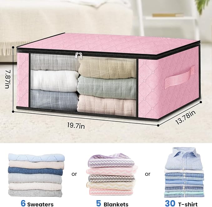 HomeHacks 10-Pack Clothes Organizer Storage Bags, 35L Storage Bins, Pink | Foldable Storage Box Container with Zippers, Clear Window, Reinforced Handles for Closet, Dorm, Pillows, Bedding, Sweater