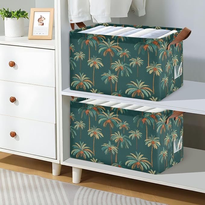 Teal Green Bg Vintage Palm Tree Storage Basket Foldable Cube Storage Bins with Handles&Label Waterproof Organizer Box Bin Large Rectangle Decorative Baskets for Shelves Home Room Laundry-2 Pack