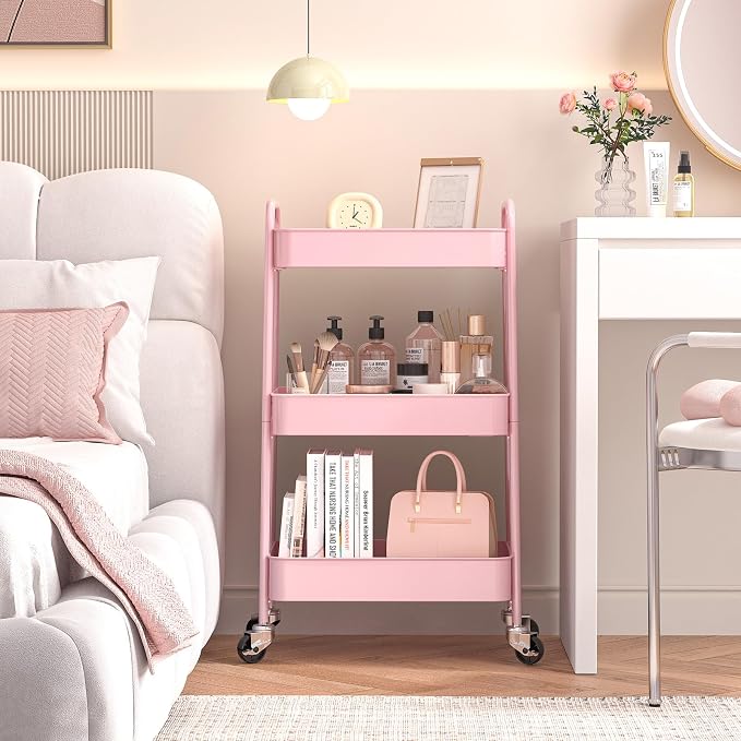 TOOLF 3 Tier Metal Rolling Cart, Utility Storage Cart with Wheels, Pink | Screwless Assembly, Lockable Metal Wheels, Trolley Organizer for Bathroom, Kitchen, Office, Dorm, Laundry, Craft Room