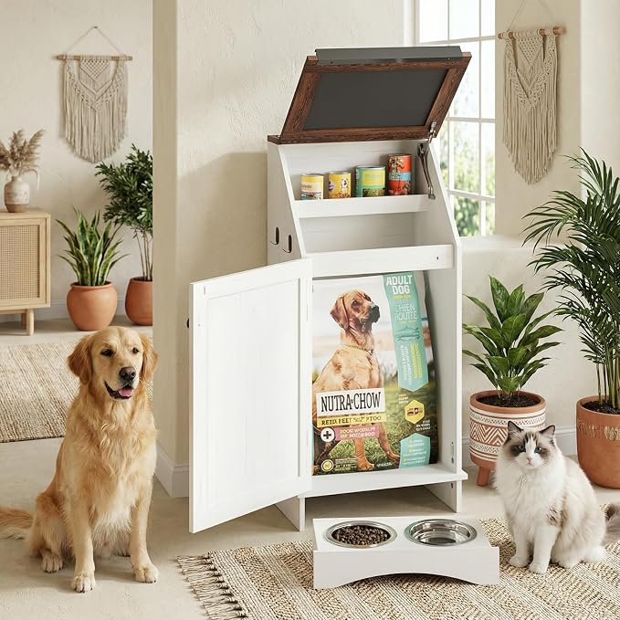 Flip-Top Dog Feeding Station, Dog Food Cabinet with Storage, Dog Food Station with Hidden Feeding Fowls, Pet Storage Cabinet, Pet Food Holder, White Oak Grain