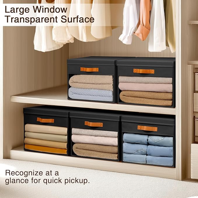 Large Storage Bins with Lids - 6 Pack Foldable Decorative Organizers with Clear Windows & Handles, Cube Storage Organizers for Clothes, Blankets, Sweaters, Sheets, Black