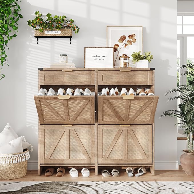 Halitaa Shoe Cabinet with 4 Flip Drawers & 2 Drawers,Farmhouse Shoe Storage Cabinet for Entryway,Slim Freestanding Organizer Rack for Front Door Entrance,Rustic Oak Rattan