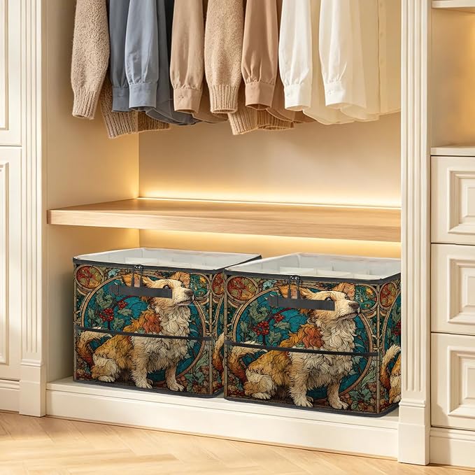 TropicalLife Funny Dog Strained Glass Shoe Organizer for Closet | Foldable Shoe Storage Box Bin 16-32 Pair Shoe Storage for Sneakers, Boots & Heels with Adjustable Dividers, Clear Cover