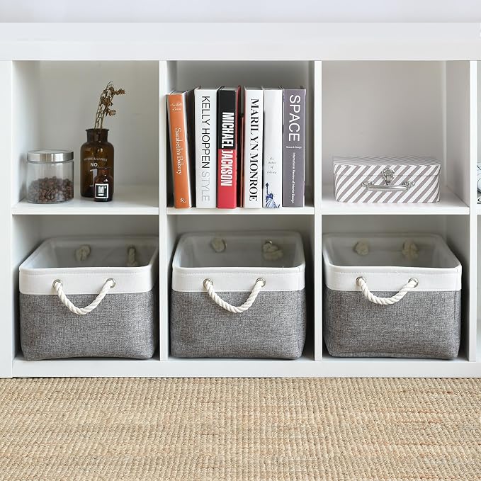 Storage Basket for Organizing - 15.7x11.8x8.2 inch Large 3 Pack Collapsible Storage Bins for Shelves, Fabric Storage Cubes for Gift Closet Linen Organization (White & Grey)