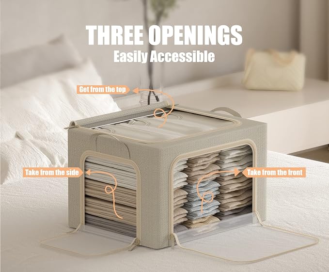 3 Openings Large Clothes Storage Bins with Metal Frame, Foldable Storage Bin for Clothes,Clothing Storage Bins with Lid, Linen Storage Box With Clear Window＆ Zippers＆ Durable Handles.(3 Pcs,Beige,66L)