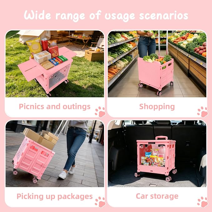 2-in-1 Foldable Shopping Cart & Rolling Pet Carrier, 55L Collapsible Utility Cart with Wheels, Pet Carrier with Telescopic Handle for Cats & Small Dogs, Portable Grocery Cart for Picnic, Travel-Pink