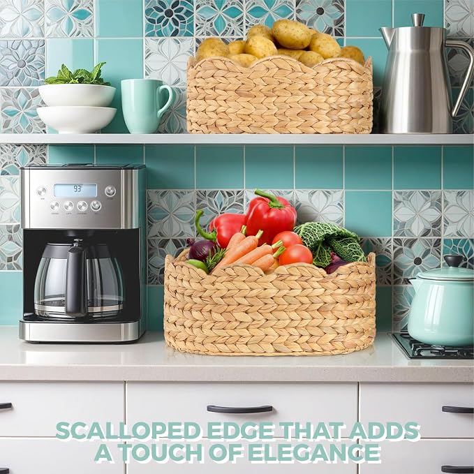 Scalloped Baskets (Natural-Set of 2), Storage Basket, Water Hyacinth Basket for Organizing and Decor, Hand-Woven Hyacinth Baskets with Built-In Handles for Living Room, Bedroom, Laundry, Pet toy,Food.
