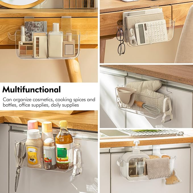 Poeland 2 Pack Over Cabinet Door Organizer, Plastic Storage Bin with 2 Hooks, Over Cabinet Holder for Kitchen, Pantry, Bathroom, Inside or Outside Door (Transparent)