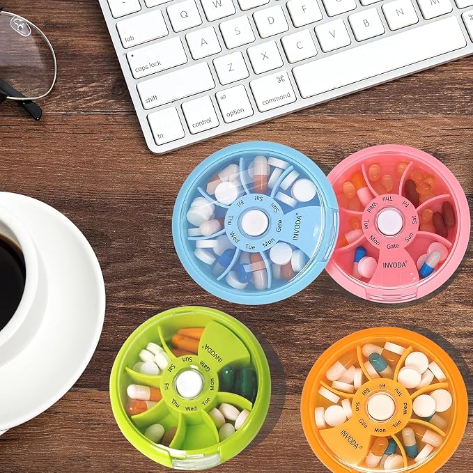 8PCS INVODA Weekly Pill Organizer 7 Compartment Rotating Pill Box for Daily | Cute Round Pill Organizer Fit purse pocket or backpack Portable Travel Pill Case for Fish Oil Supplements Vitamins Medication