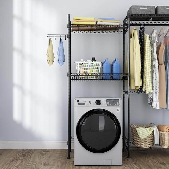 Golpart Laundry Organizer Shelves Over the Washer and Dryer Storage Shelf | Heavy Duty Laundry Room Organization Clothes Drying Rack Adjustable Height Wire Shelving and Wire Basket with Hanger Rod