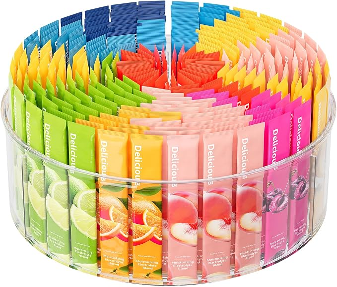 Divided Drink Packet Organizer, Largr Rotating Clear Lazy Susan Turntable | for Powdered Drink Mix, Water Drink Packet Holder, Water Flavor Packet, Coffee, Tea – Space-Saving Countertop Organizer
