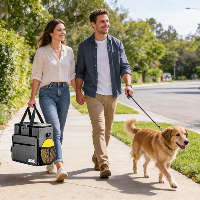Dog Travel Bag, Large Pet Travel Set with Multi-Function Pockets | 2 Food Storage Containers, 2 Collapsible Bowls, 1 Feeding Mat for Pet Supplies, Road Trip Essentials, Weekend Camping, Grey