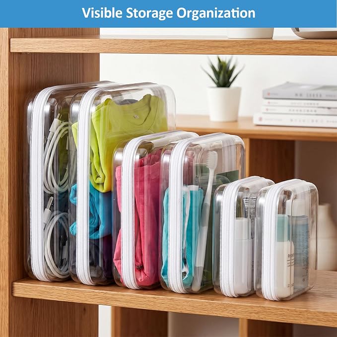 6 Pack Clear Hard Shell Zipper Case, Hard Plastic Zipper Pouches(2L, 2M,2S) | 2 Large, 2 Medium,2 Small，Diaper Bag Storage Organizer Box, for Travel of Makeup Bag, Toiletry Bag, Electronics, Toys