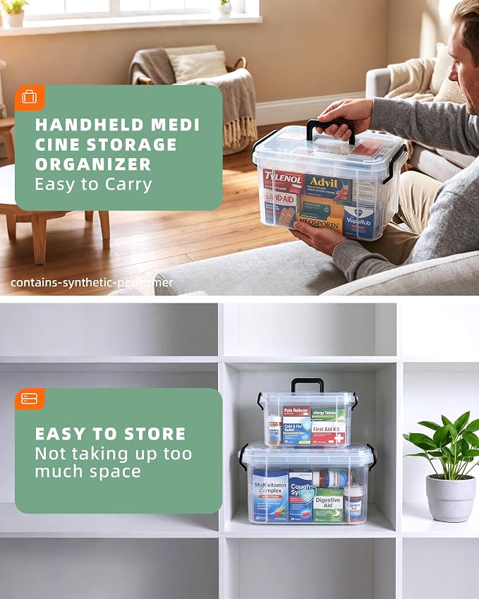 2 Pack Clear Medicine Storage Box with Removable Tray, Empty First Aid Box