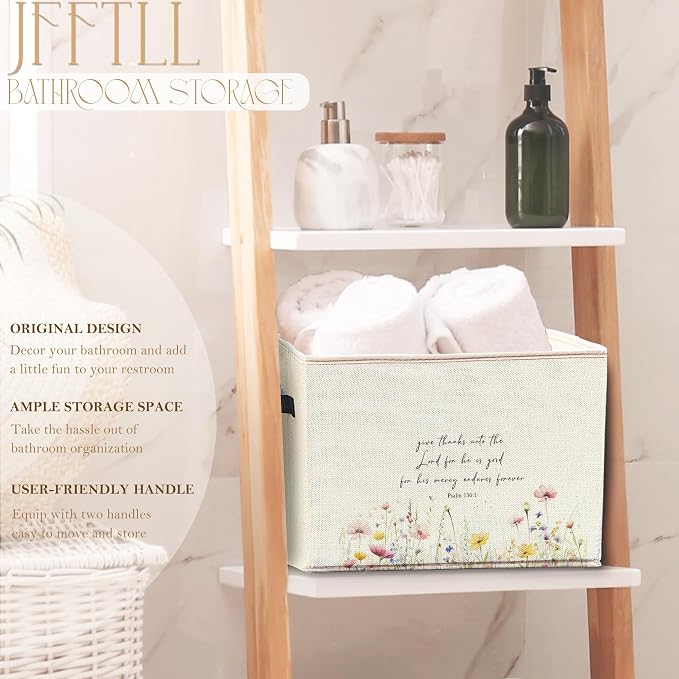 Christian Floral Storage Bins with Handles, Christian Home Decor, Give Thanks to the Lord Bible Verse Collapsible Laundry Basket Storage Box for Home Bedroom Bathroom Clothes Toys Books