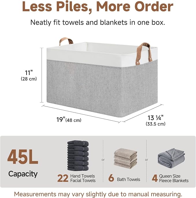 StorageWorks Fabric Storage Bins, Gray and White, Extra Large, 2-Pack | With Reinforced PU Handles, Metal Frame, Collapsible, Storage Basket for Shelves, Closet, Holds Clothes, Towels, Blankets