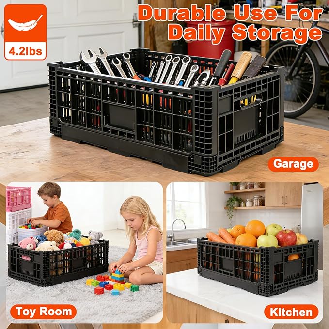 52L Milk Crate, Plastic Storage Crate with Handles, | Hold 130 lbs Per Bin, Large Collapsible Storage Bins for Home Organizing, Tools, Books, Camping & Transport