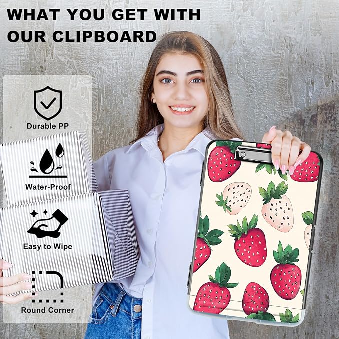 A4 Clipboard with Storage Pen Holder, Clipboards Organizer Nursing Clipboard Foldable File Folder Plastic Clipboard Folio Clip Board for Office Work Classroom Doctor, Pink Strawberry