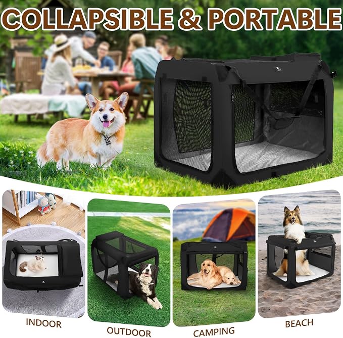 X-ZONE PET Dog Crate 3-Door Kennel, Collapsible Portable Soft Sided Pet Carriers for Indoor & Outdoor, Multiple (24-Inch, Carbon Black)