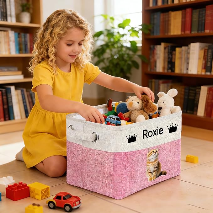 Personalized Dog Toy Storage Basket Custom Pet Storage Bins with Name Photo Collapsible Organizer Box Customized Baby Basket Container for Dolls Toys Coats Clothing Purple