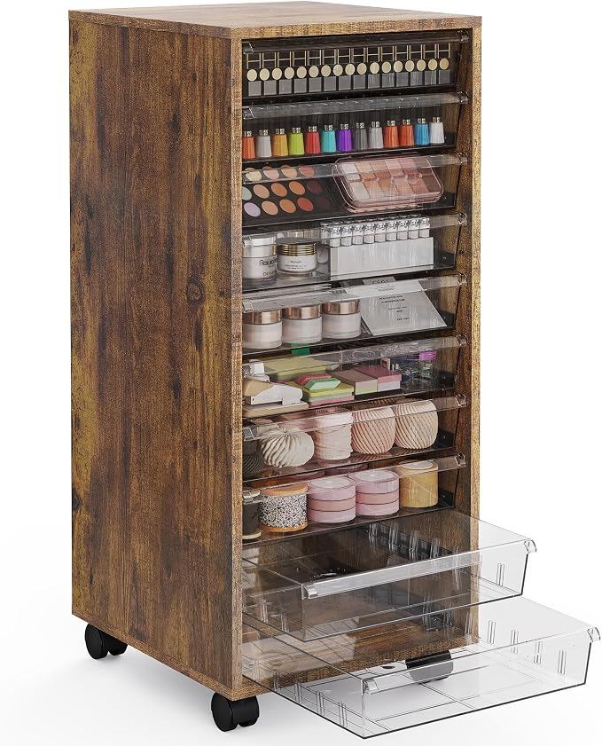 Storage Drawer Cart, Mobile Storage Cabinet, Makeup Storage with 10 Large Clear Drawers, Utility Wooden Rolling Cart on Wheels, for Cosmetic, Art Craft, Office Supplies, Toy, Brown