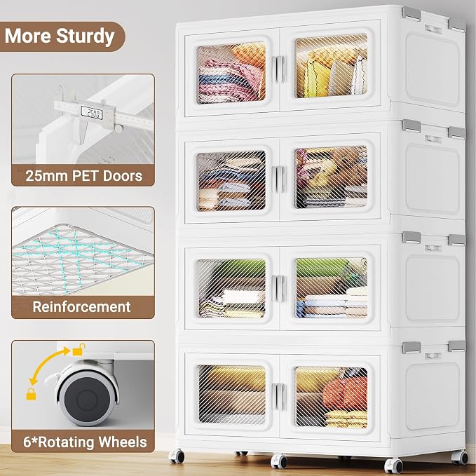 BROVIEW 880 Qt Extra Large Stackable Storage Bin with Lids, 4 Pack White | 220Gal Extra Large, Collapsible Storage Boxes with 4 Lids, Folding& Rolling Plastic Drawer, Heavy-Duty Cabinet Organization
