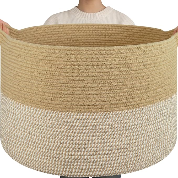 OIAHOMY 115L Extra Large Blanket Basket for Living Room, 23.6" x 15.4" Woven Cotton Rope Laundry Basket for Organizing Pillows, Decorative Stuffed Animal Toy Storage for Nursery, Jute and White