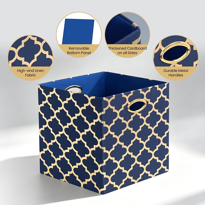 Posprica 13x13x13 Storage Cube Bins, Collapsible Storage Bins Fabric Storage Cubes Organizer Baskets Box Drawers for Shelves, Closet, Wardrobe, Bookshelf Blue/Gold Lantern, 4 Pack