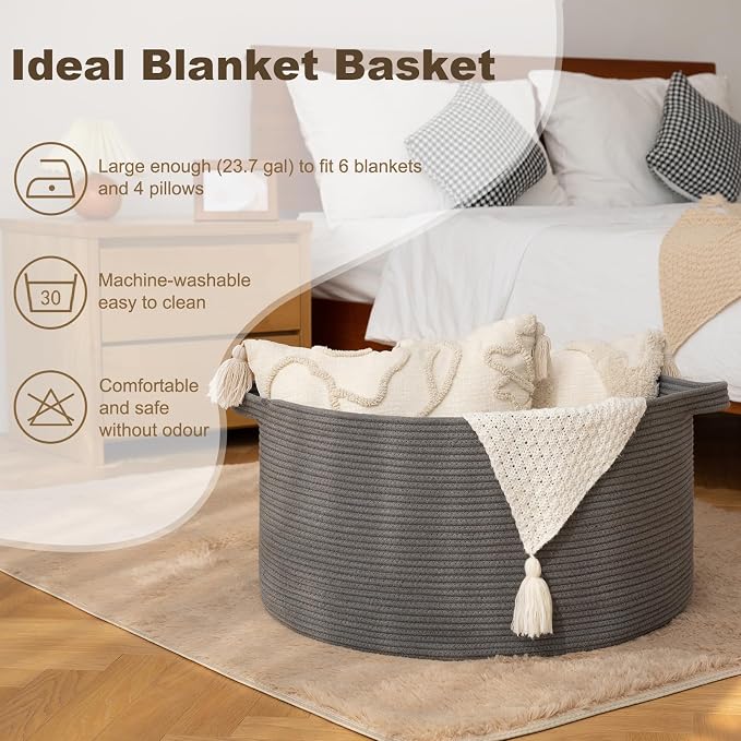OIAHOMY 90L Extra Large Blanket Basket - Decorative Cotton Rope Storage Basket for Bedroom, Living Room & Nursery - Woven Laundry Hamper for Organizing Blankets, Clothes & Toys - Grey