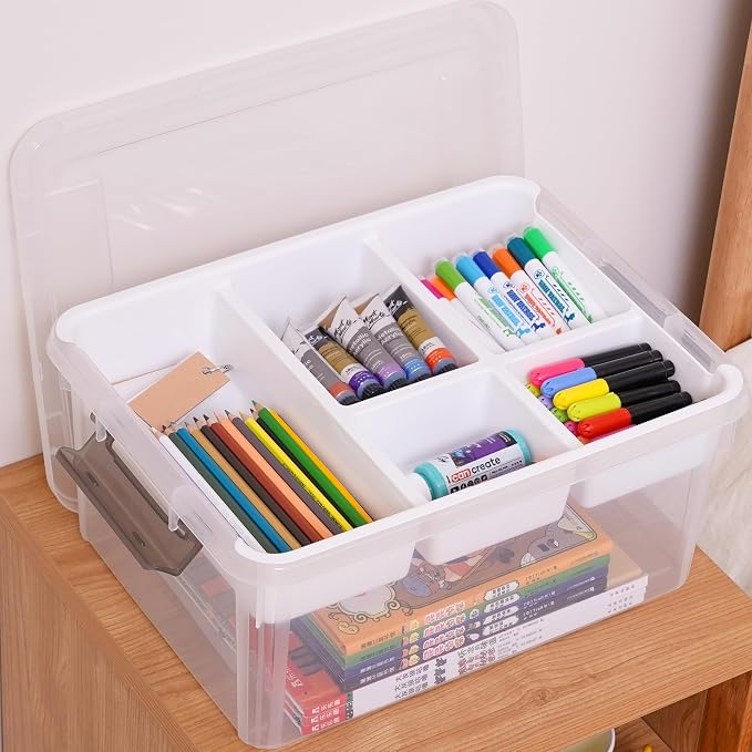 Citylife 17QT 2Packs Clear Craft Organizers and Storage Box with Tray | Stackable Art Supply Organizer Storage Bins with Lids for Beads, Markers, Sewing, Tools, Playdoh, Coloring Books, Made in USA