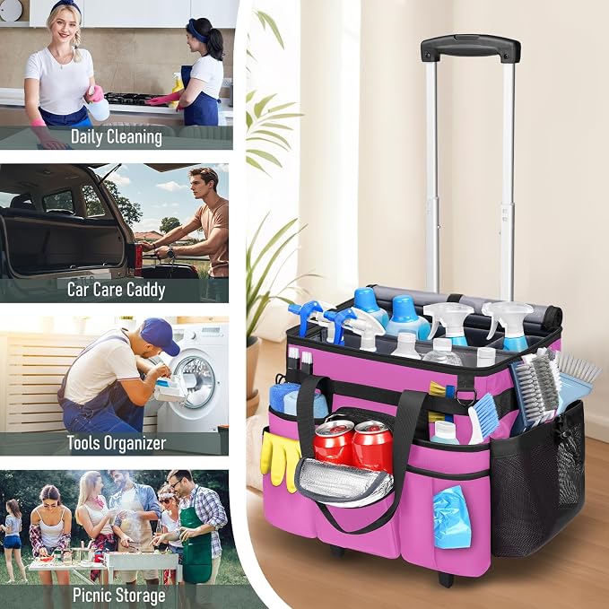 Ytonet Large Cleaning Caddy with Wheels, Cleaning Supplies Organizer | Multiple Storage Pockets Caddy with Wheels, Water Resistant Rolling Tool Caddy for Home, Car, Tool Organizer, Mobile Storage