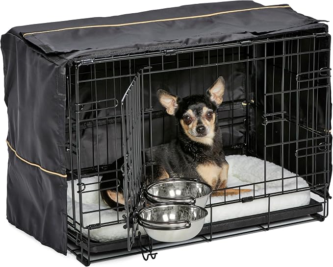 MidWest Homes for Pets XS Double Door iCrate Starter Kit, 22-inch Dog Crate Bundle for Extra-Small Dogs, Includes Cage, Pet Bed, 2 Bowls and Privacy Cover