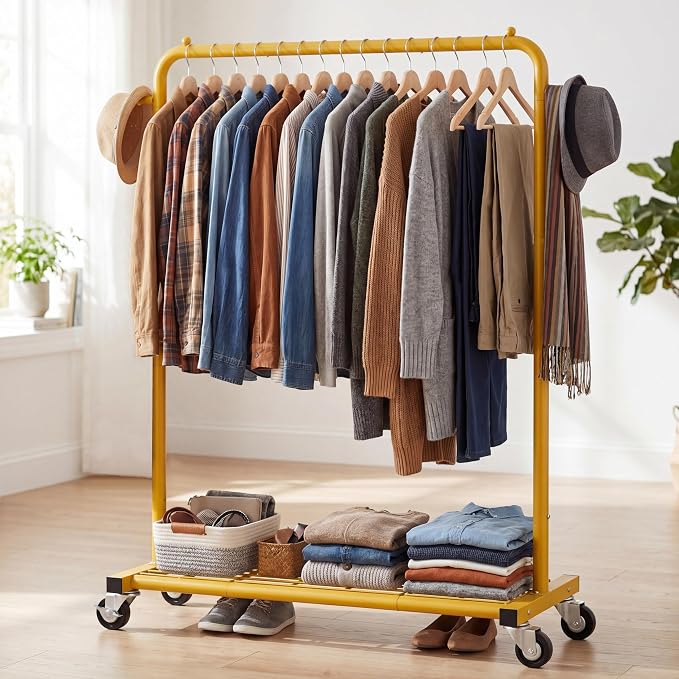 Sywhitta Metal Garment Clothing Rack on Wheels with Mesh Shelf,Gold Yellow | Rolling Garment Rack for Hanging Clothes, Coats, Skirts, 39.76" L x 16" W x 63.78" H,Space-Saving Mobile Organizer for Closet