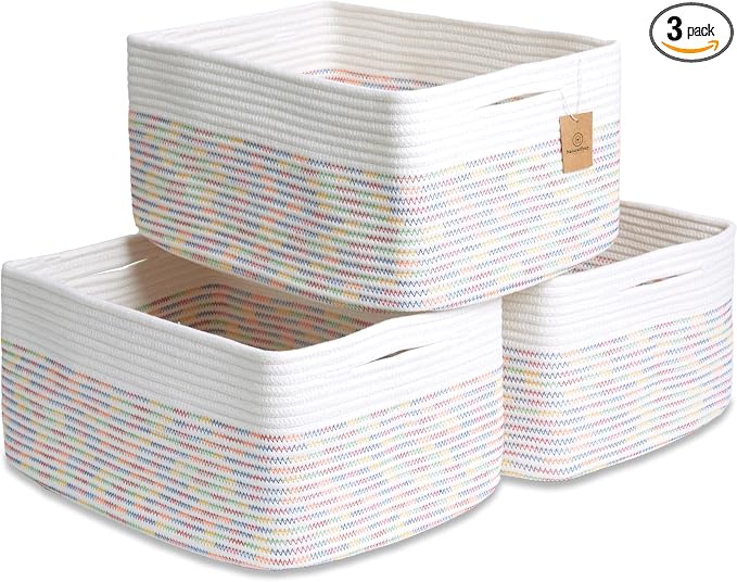 NaturalCozy Storage Baskets 16.8”x13”x7.6” Cotton Rope Woven Baskets for Organizing 3-Pack | Toy Storage Bins | Basket for Shelves, Laundry, Blanket, Clothes, Closet, Kitchen, Bathroom, Gifts
