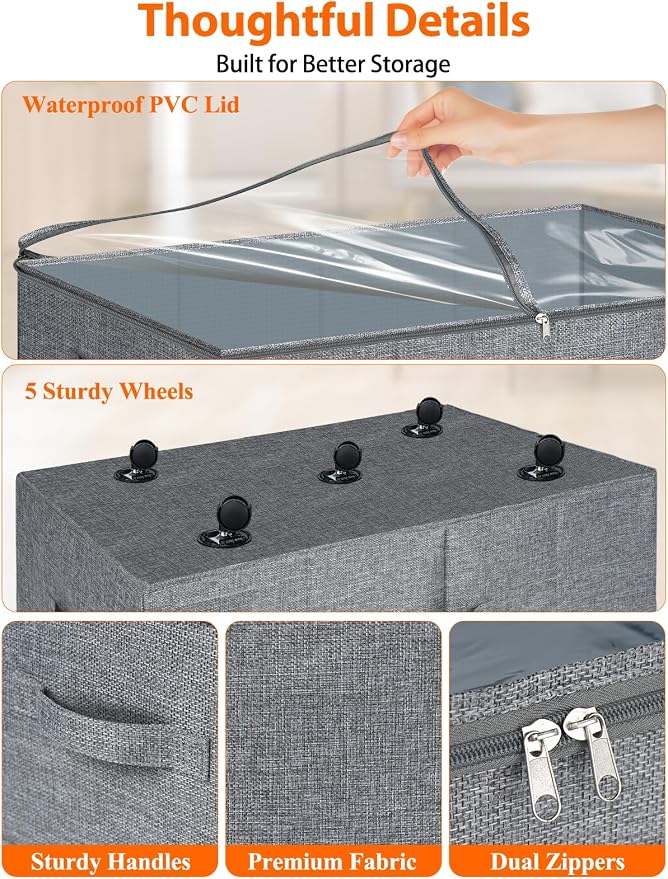 punemi 10 inch Tall 75L Under Bed Storage Bins with Wheels, 2-Pack, Gray | 5-Wheel Rolling Organizers with Clear Lids, for Clothes, Shoes and Blankets, Underbed, Closet & Dorm Organizataion