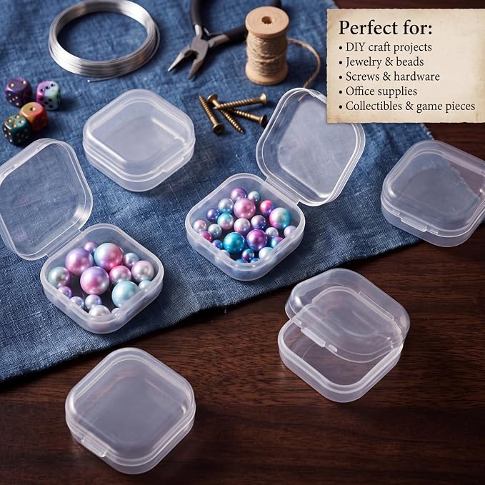 24 Packs Small Clear Plastic Beads Storage Containers Box with Hinged Lid for Storage of Small Items, Crafts, Jewelry, Hardware(1.37 x 1.37 x 0.7 Inches)
