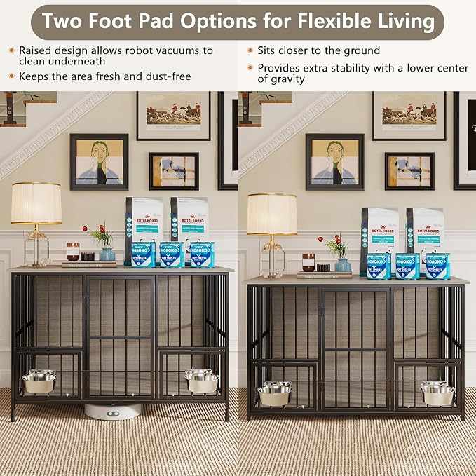 Hadulcet 41'' Foldable Dog Crate Furniture, Large Dog Kennel with 2 Bowls | Wooden Crate Table with Storage Top, Furniture Style Indoor Kennel for Small to Large Dogs with Rotating Food Door, Gray