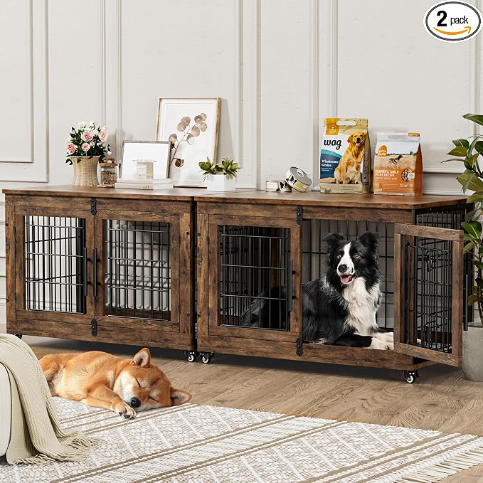 YaFiti Dog Crate Furniture, 38.5" Wooden Dog Kennel, 2 Pack, Rustic Brown | Cushion, Wheels, Double Doors, for Large/Medium Dogs, Up to 70 lb, Furniture Style, Side End Table, Decorative Pet Cage House