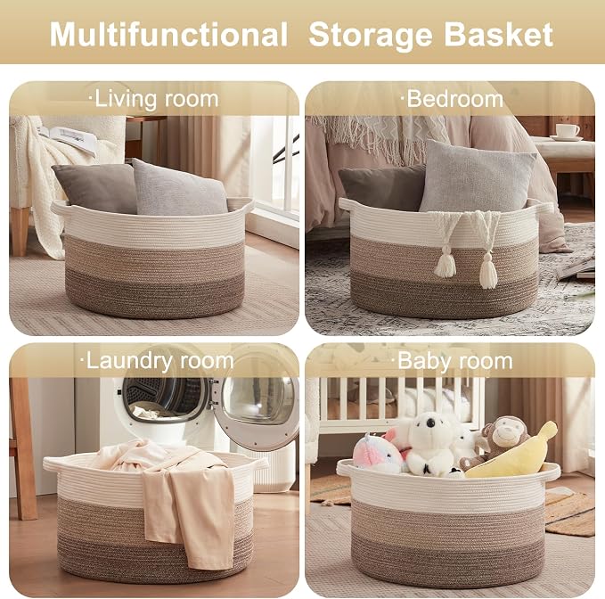 OIAHOMY 105L Extra Large Blanket Basket - Decorative Cotton Rope Storage Basket for Bedroom, Living Room & Nursery - Woven Laundry Hamper for Organizing Blankets, Clothes & Toys - Gradient Brown