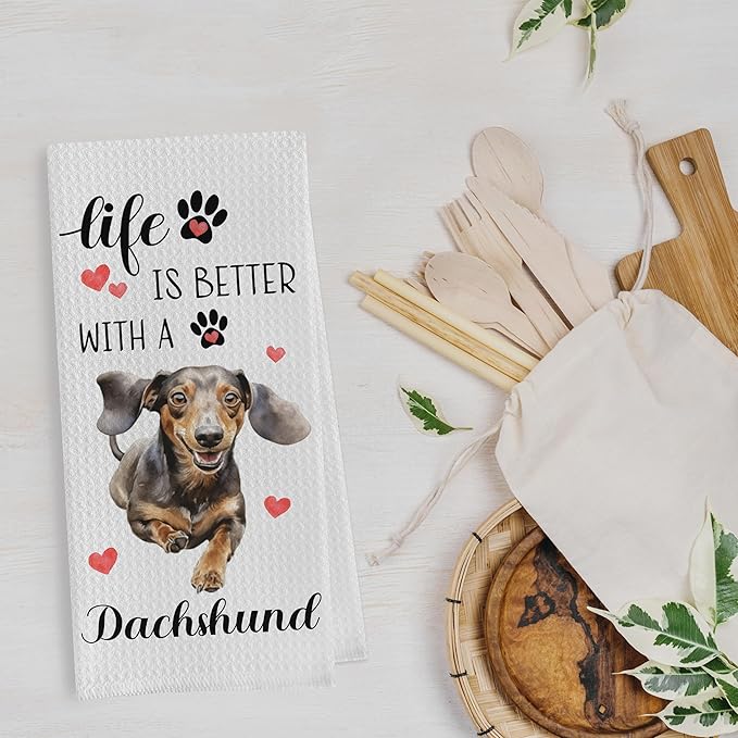 Dachshund Gifts Dish Towels Set - Funny Dachshund Gifts Decorative Waffle Weave Kitchen Towels, Wiener Dog Gifts for Women Hand Tea Towels (16×24 Inches Set of 2)