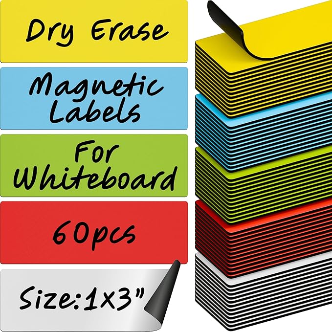 X-bet MAGNET Dry Erase Magnetic Labels, 1x3 (2.5x7.5cm), 60 pcs, Multicolor | Reusable Write-On Magnet Stickers for Fridge, Whiteboard & Classroom, Erasable Blank Labels & Sticky Notes